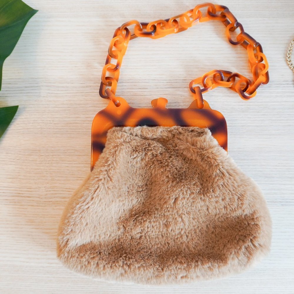 Topshop bag, furry w/ plastic two-tone chunky chain strap, tan